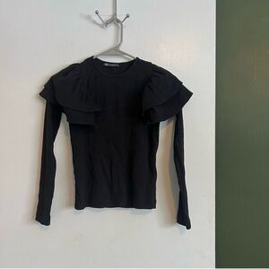 Zara black ribbed stretch long sleeve ruffle shoulder tshirt top 
size small
